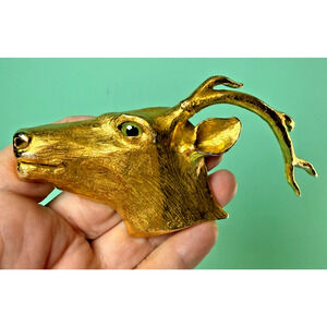 Christopher Ross Signed Belt Buckle 1976 Gold Plated Deer Head Glass Eye Vintage